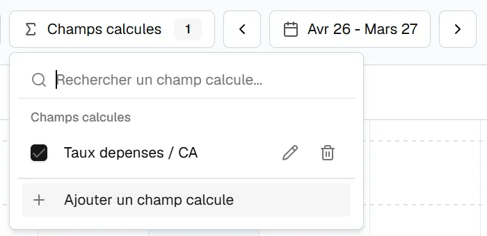 Menu des champs calculés dans le tableau de trésorerie Cadrio