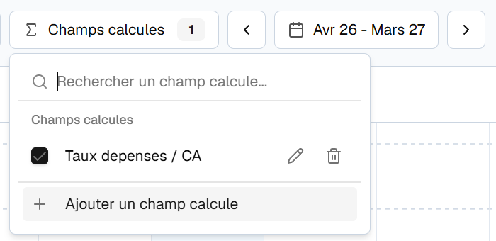 Menu des champs calculés dans le tableau de trésorerie Cadrio