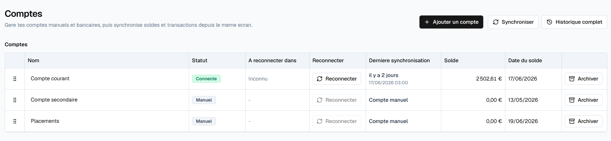 Tableau Cadrio centralisant plusieurs comptes bancaires connectés