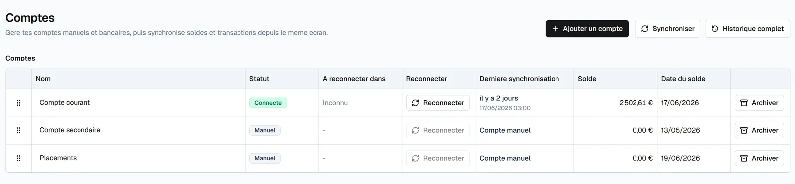 Tableau Cadrio centralisant plusieurs comptes bancaires connectés