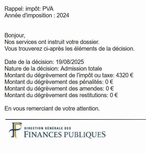 Message de la Direction générale des finances publiques du 19 août 2025 : admission totale, dégrèvement de l’impôt de 4 320 € au titre de l’année d’imposition 2024