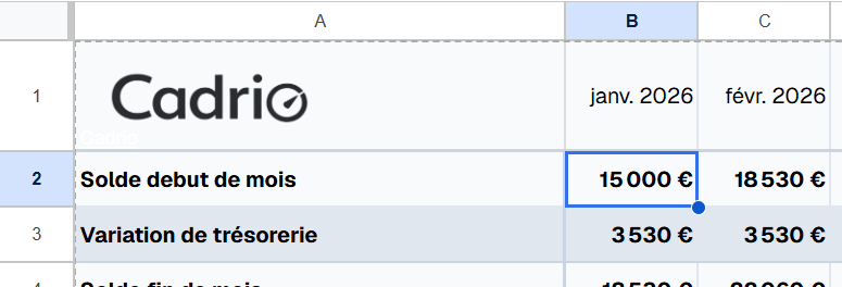 Saisie du solde de départ dans un modèle de suivi de trésorerie Excel