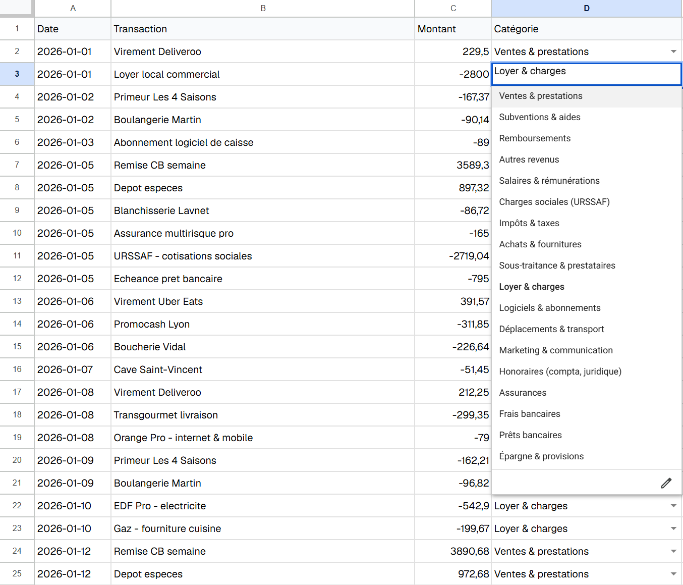 Liste déroulante de catégorisation des transactions dans un tableau de suivi de trésorerie