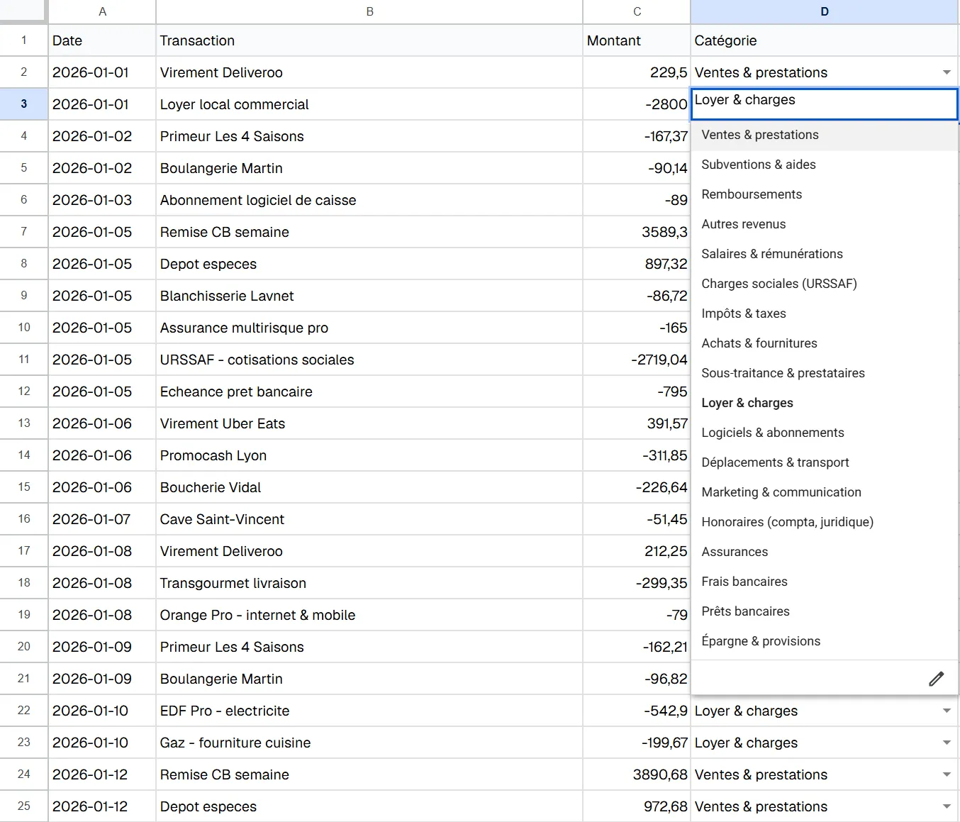 Liste déroulante de catégorisation des transactions dans un tableau de suivi de trésorerie