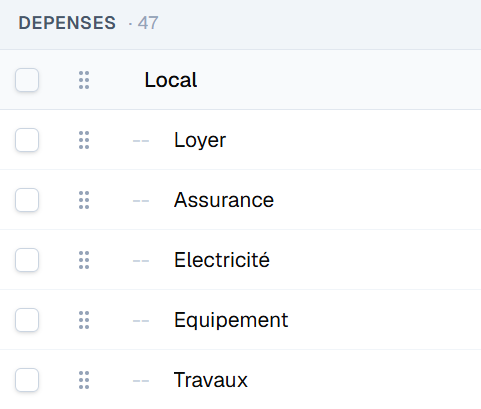 Groupe de catégories « Local » dans Cadrio : loyer, assurance, électricité, équipement, travaux