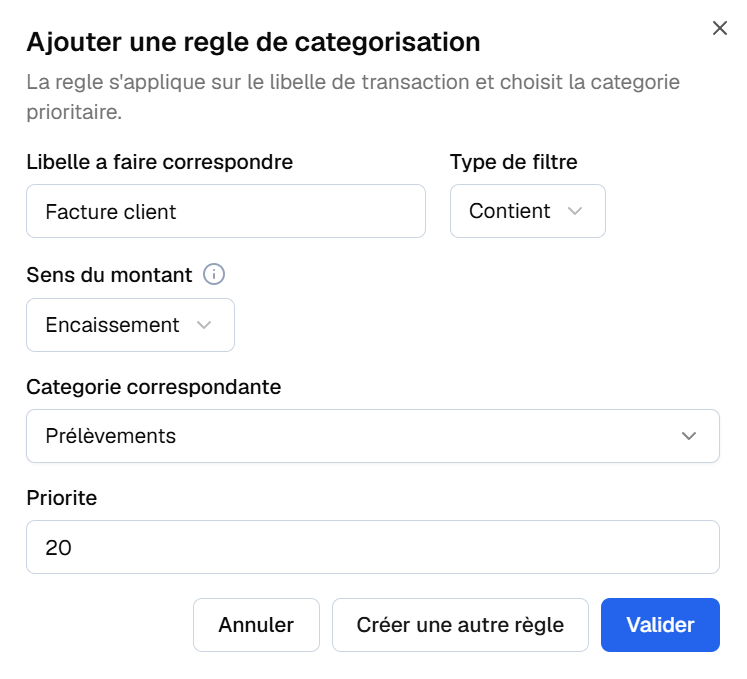 Création d'une règle de catégorisation dans Cadrio : le libellé contient « Facture client », sens encaissement
