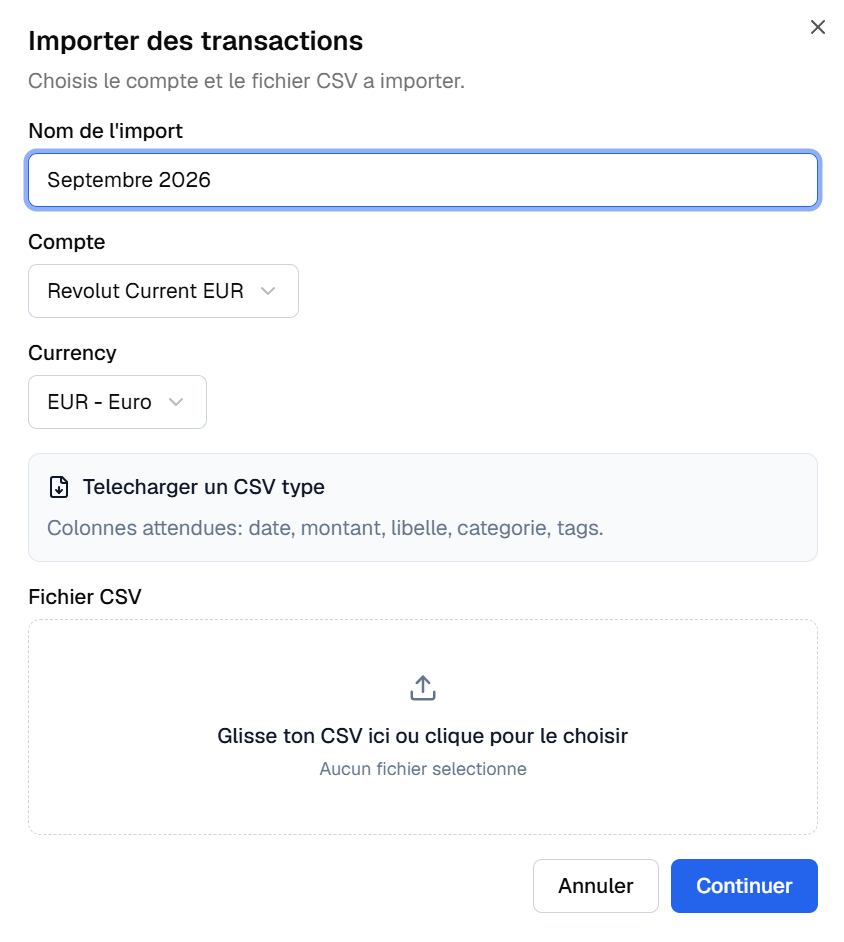 Formulaire « Importer des transactions » de Cadrio : nom de l'import, compte, devise et fichier CSV
